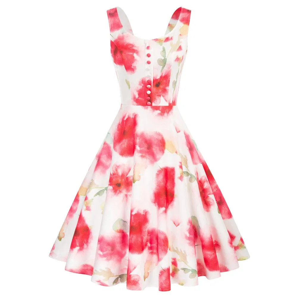 1950s Vintage Floral Printed Sleeveless A-Line Dress