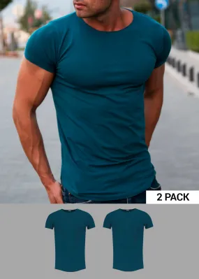 2 Pack Ocean Blue Men's Plain Round Neck T-shirt - Longline