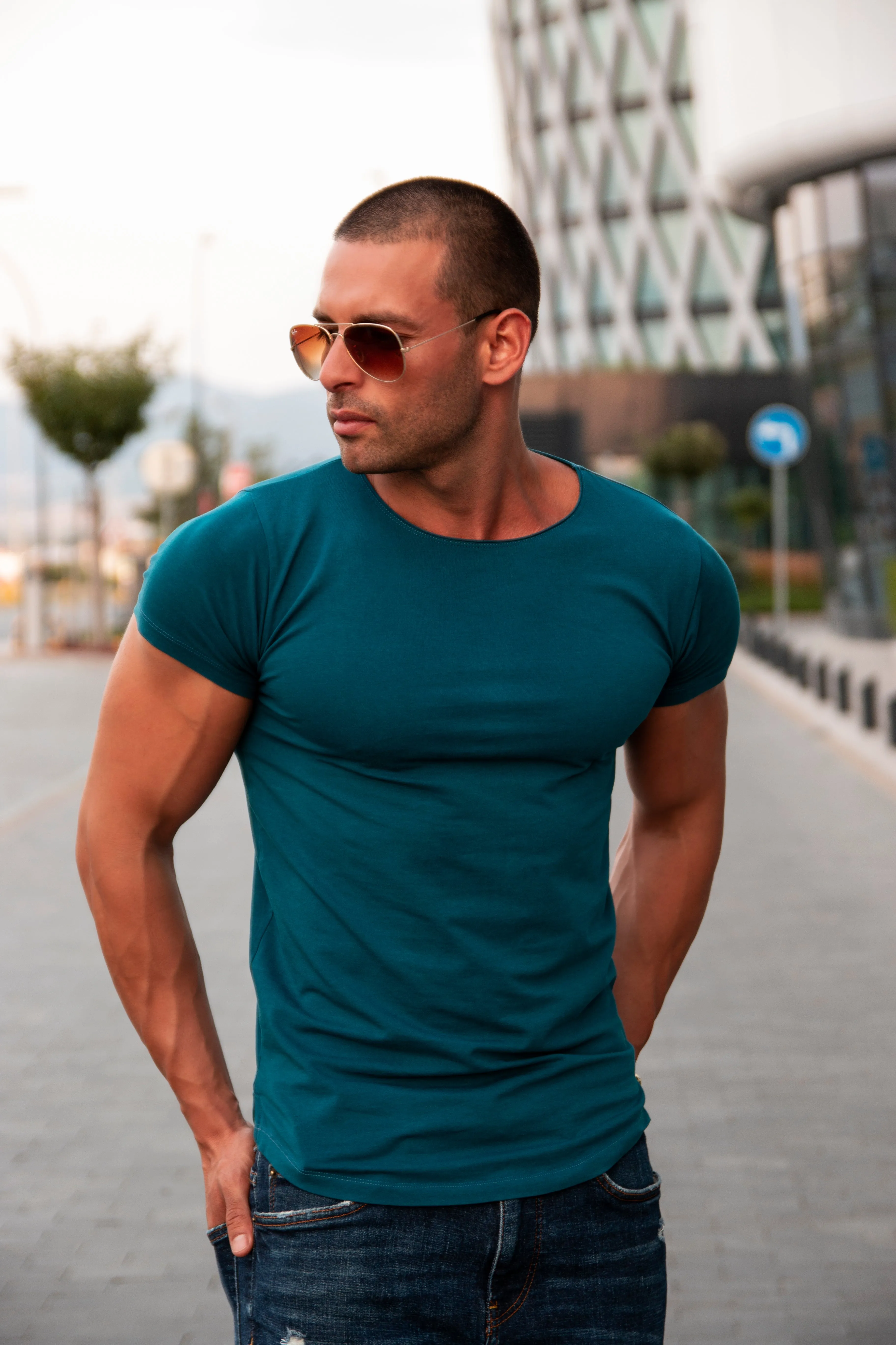 2 Pack Ocean Blue Men's Plain Round Neck T-shirt - Longline