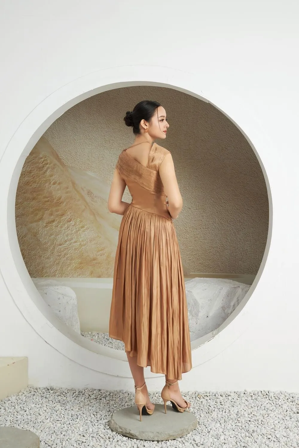 Aggie Pleated Asymmetric Silk Midi Dress