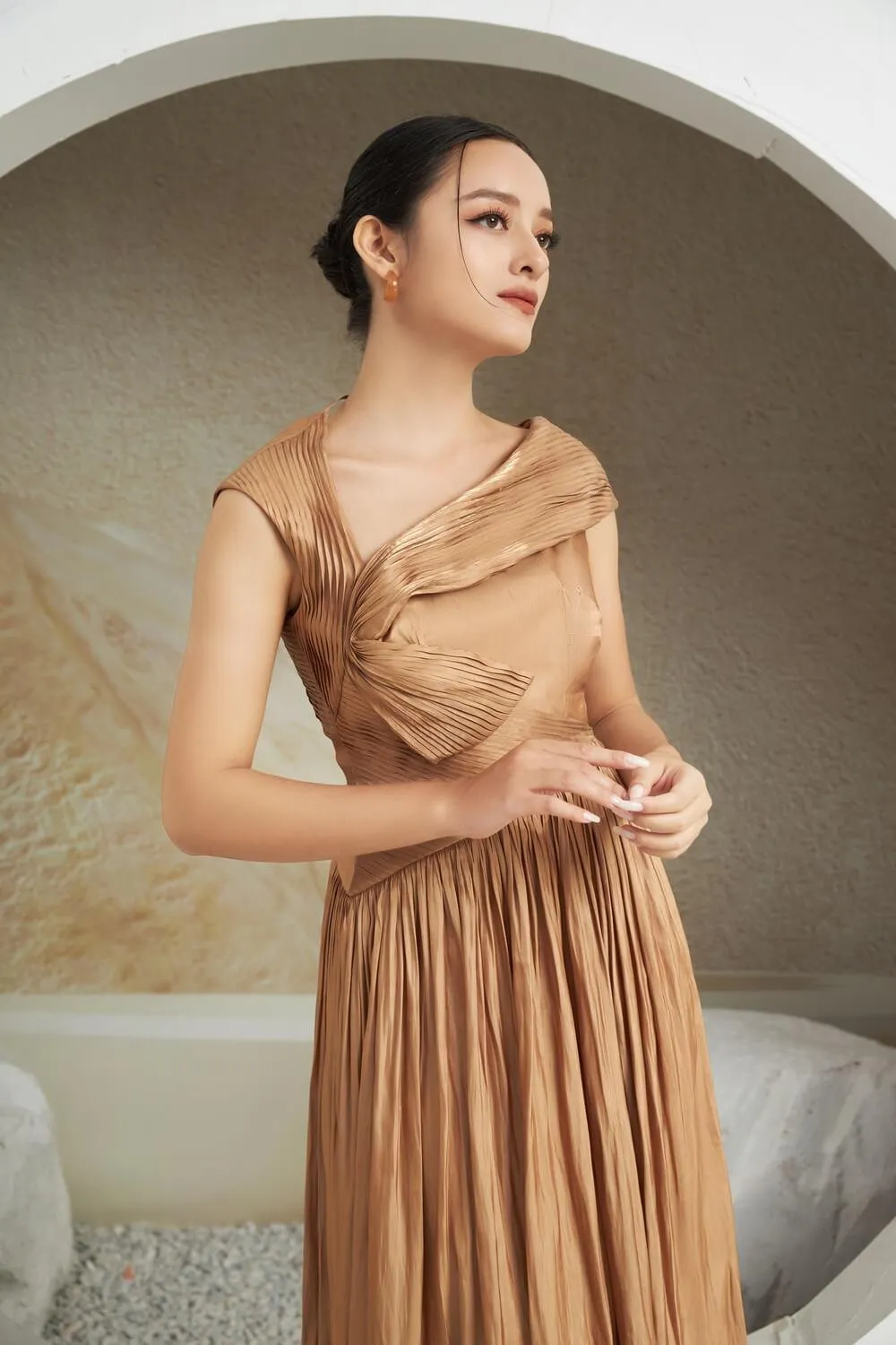 Aggie Pleated Asymmetric Silk Midi Dress