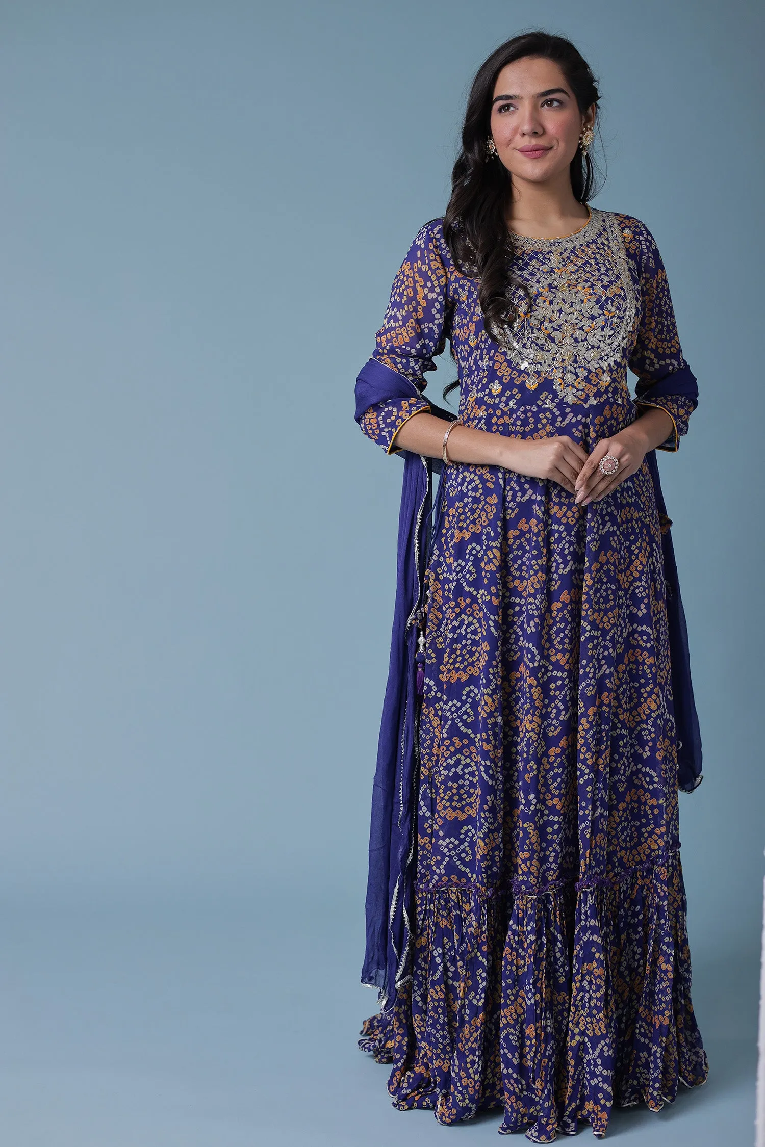 Anarkali Bandhej Georgette Suit with Embroidered work