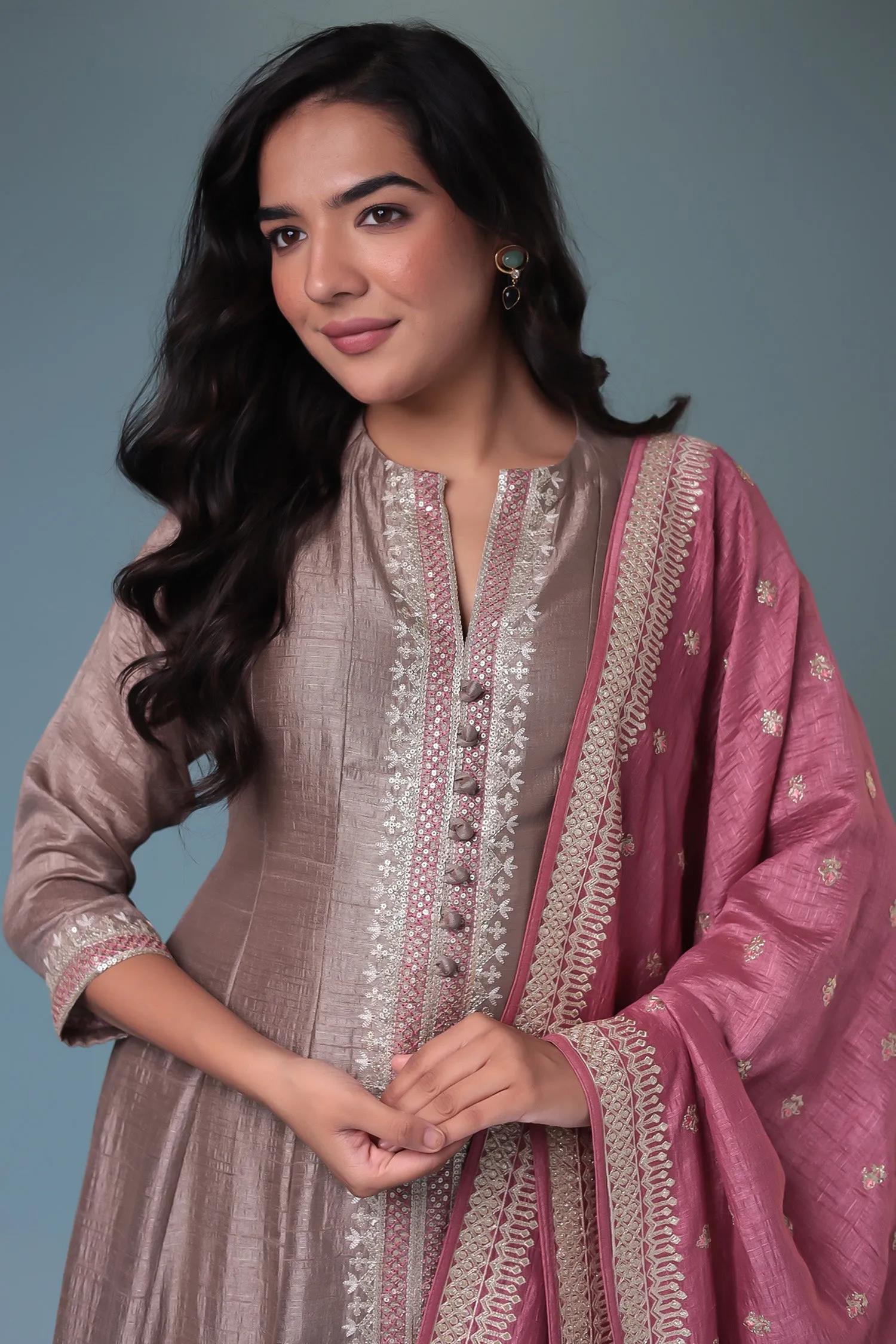 Anarkali Chinon Suit with Embroidered Dupatta