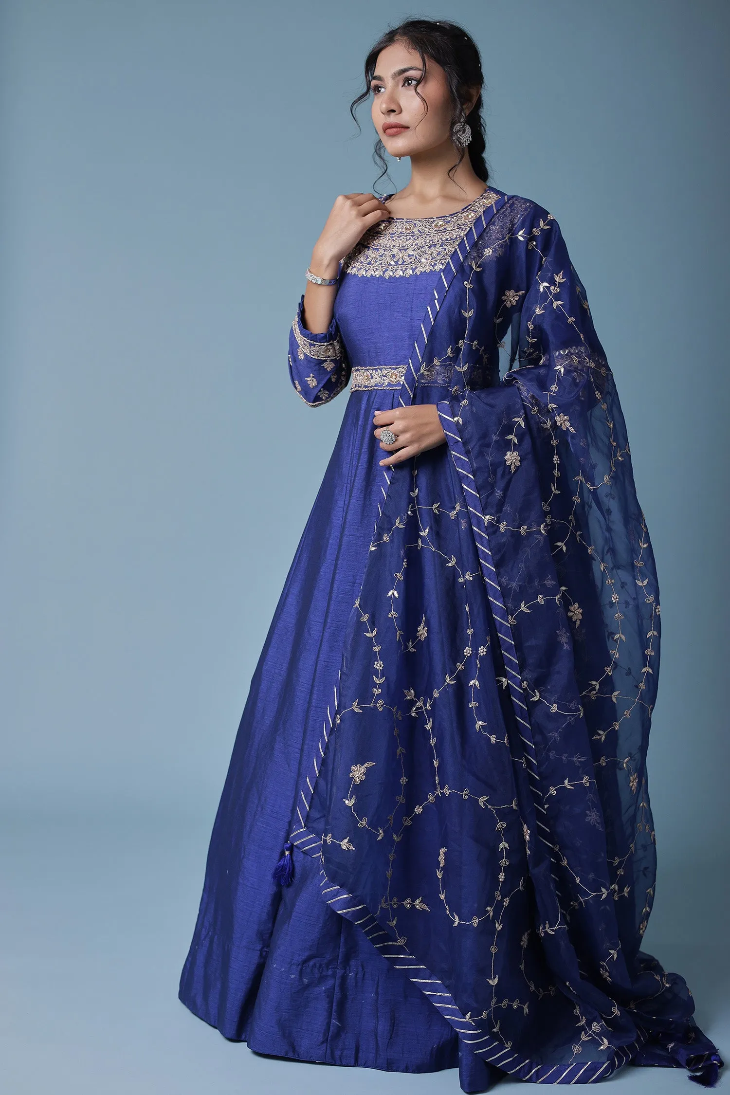 Anarkali Embellished Silk Suit with Embroidered Dupatta