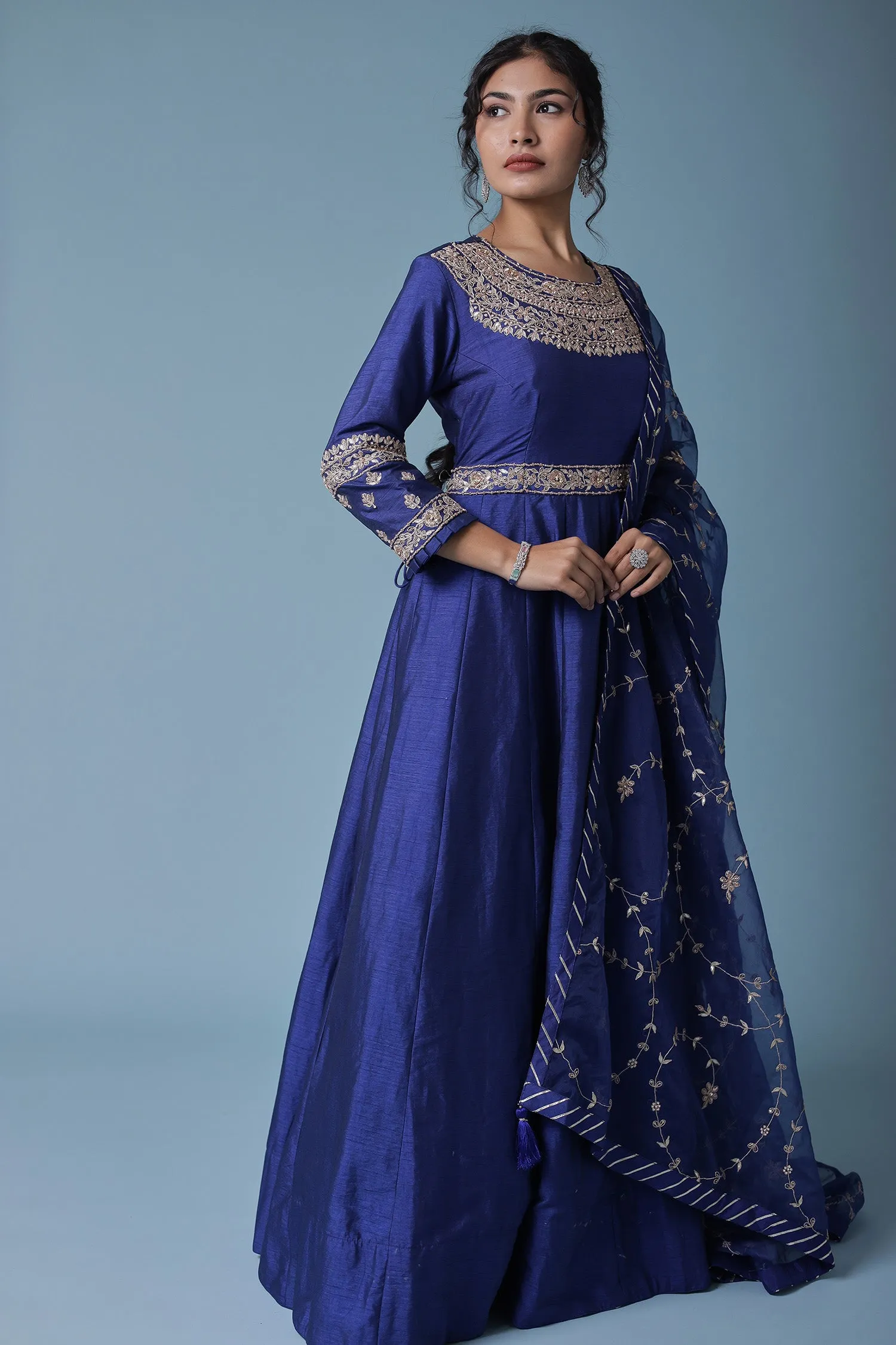 Anarkali Embellished Silk Suit with Embroidered Dupatta