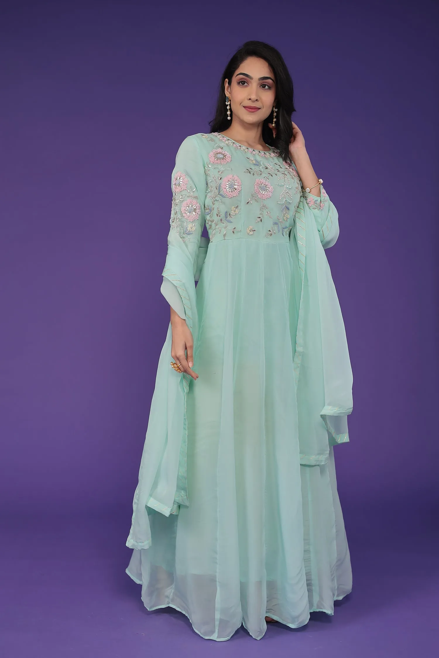 Anarkali Organza Suit Embroidered with Aari and Cutdana work