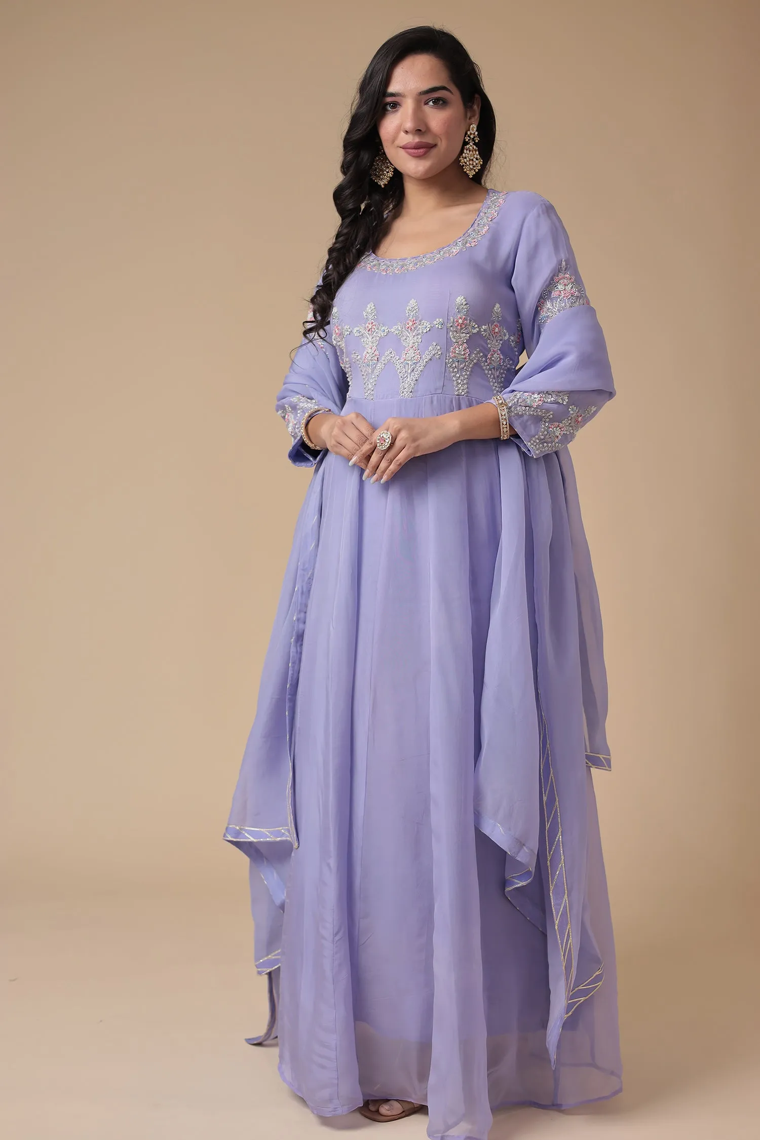 Anarkali Organza Suit Embroidered with Aari and Cutdana work