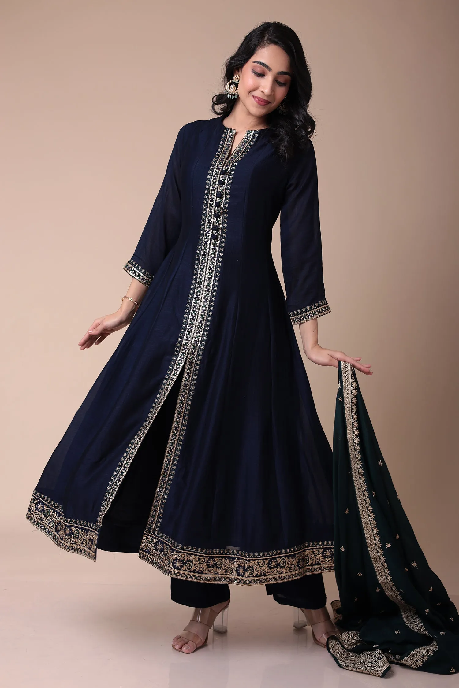 Anarkali Silk Suit with Embroidered Dupatta