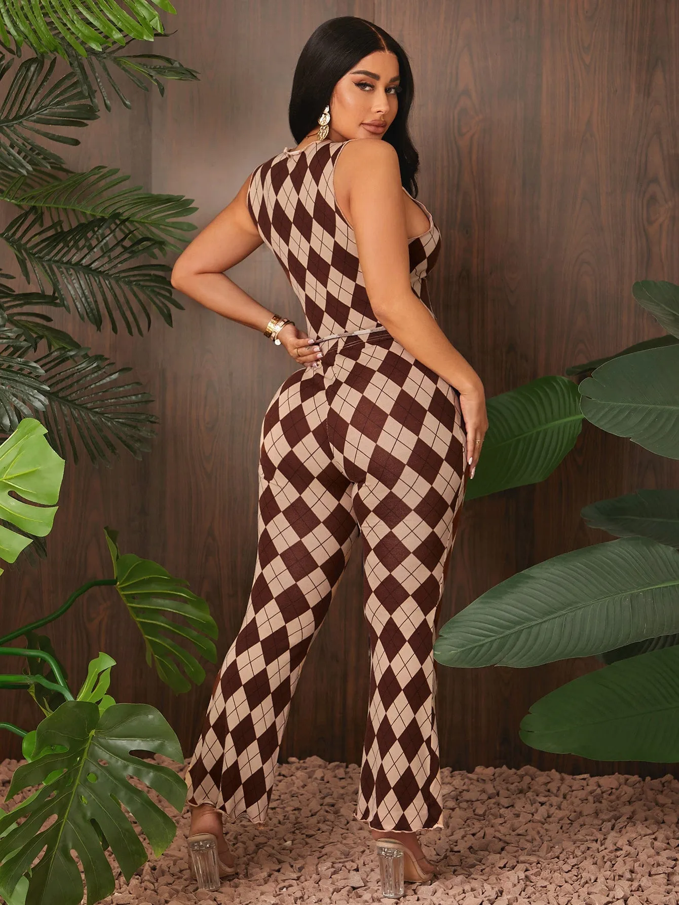 Argyle Print Lettuce Trim Tank Top Pants Set