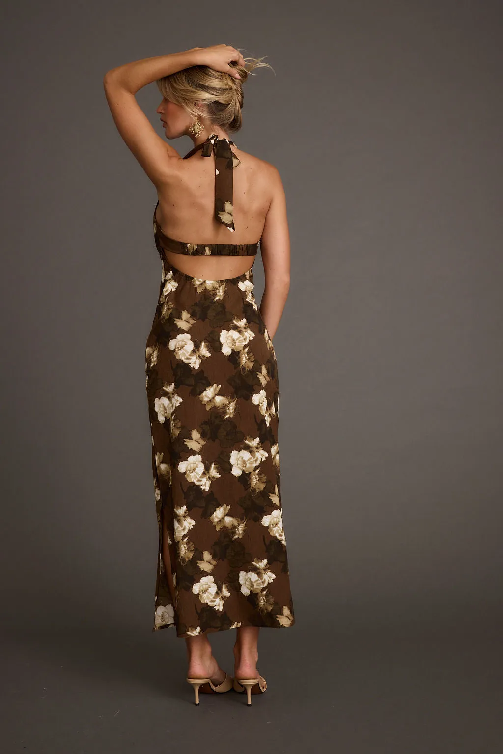 Audrina Brown Floral Halter Maxi Dress