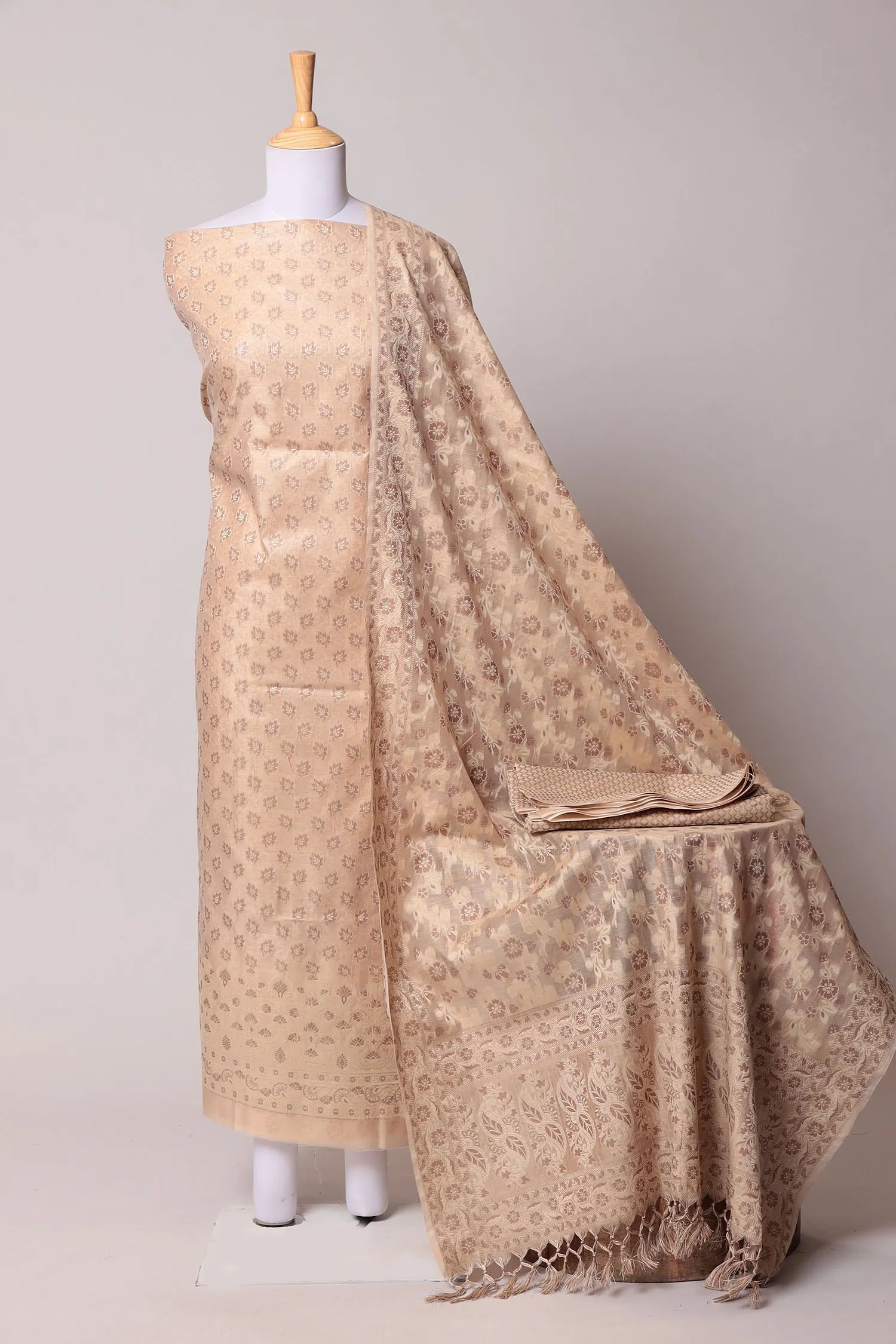 Banarasi Printed Chanderi Unstitched Suit with Hand Woven Dupatta