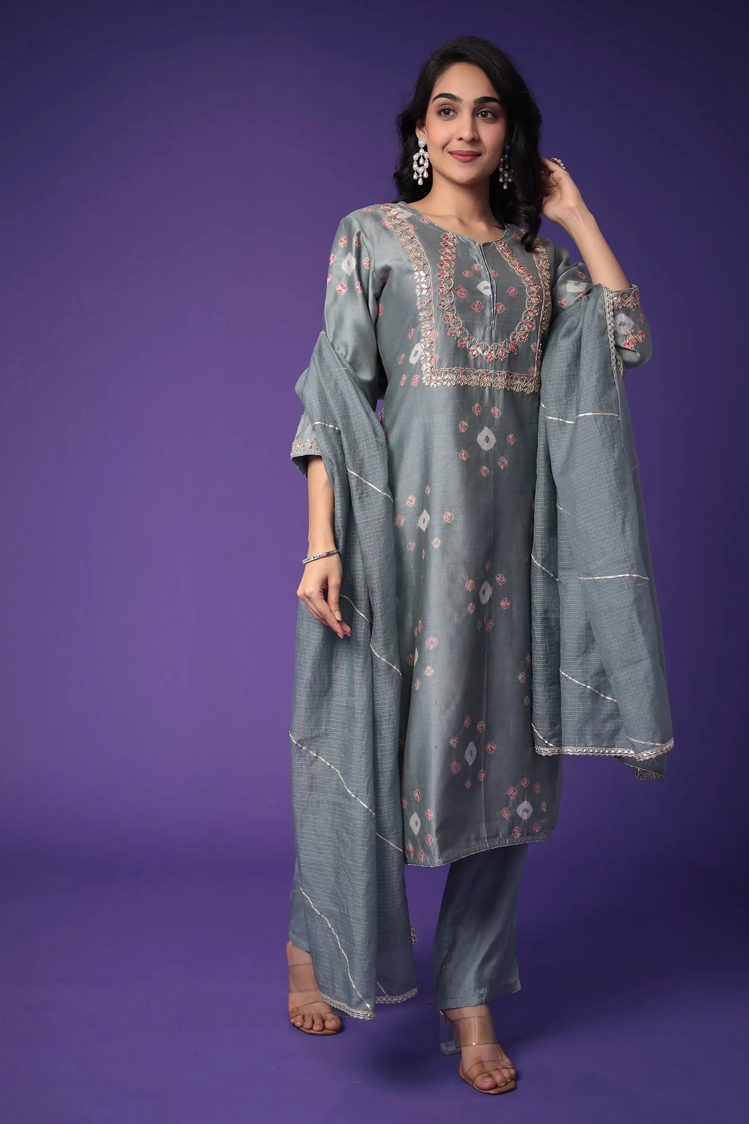 Bandhej Chanderi Silk Suit with Embroidered work