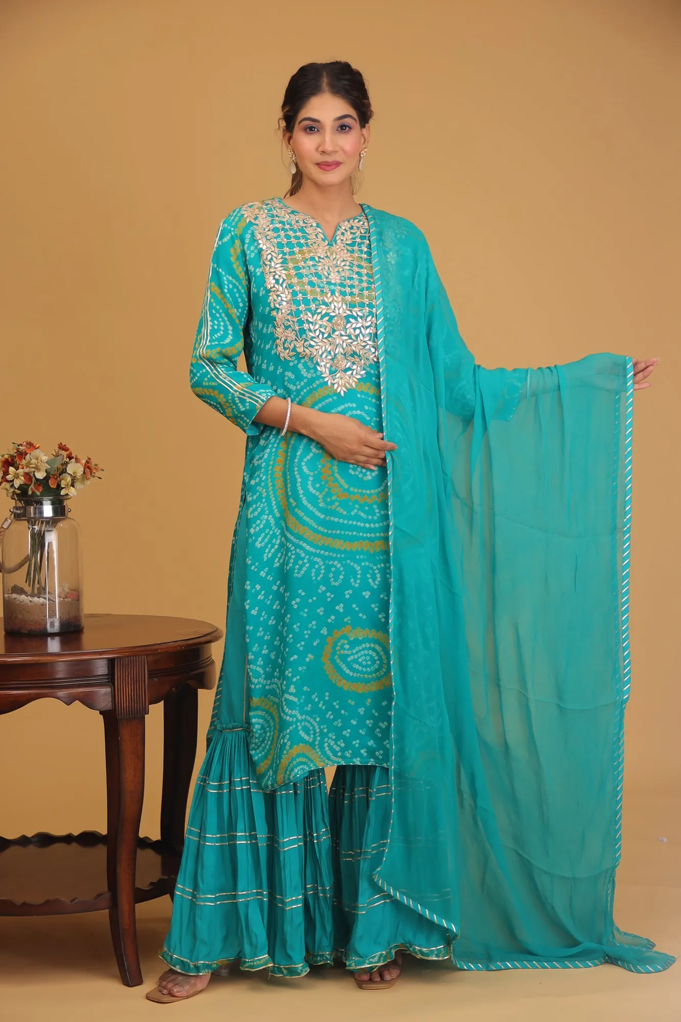 Bandhej Chinon Straight Cut Sharara Suit with Gota Patti work.