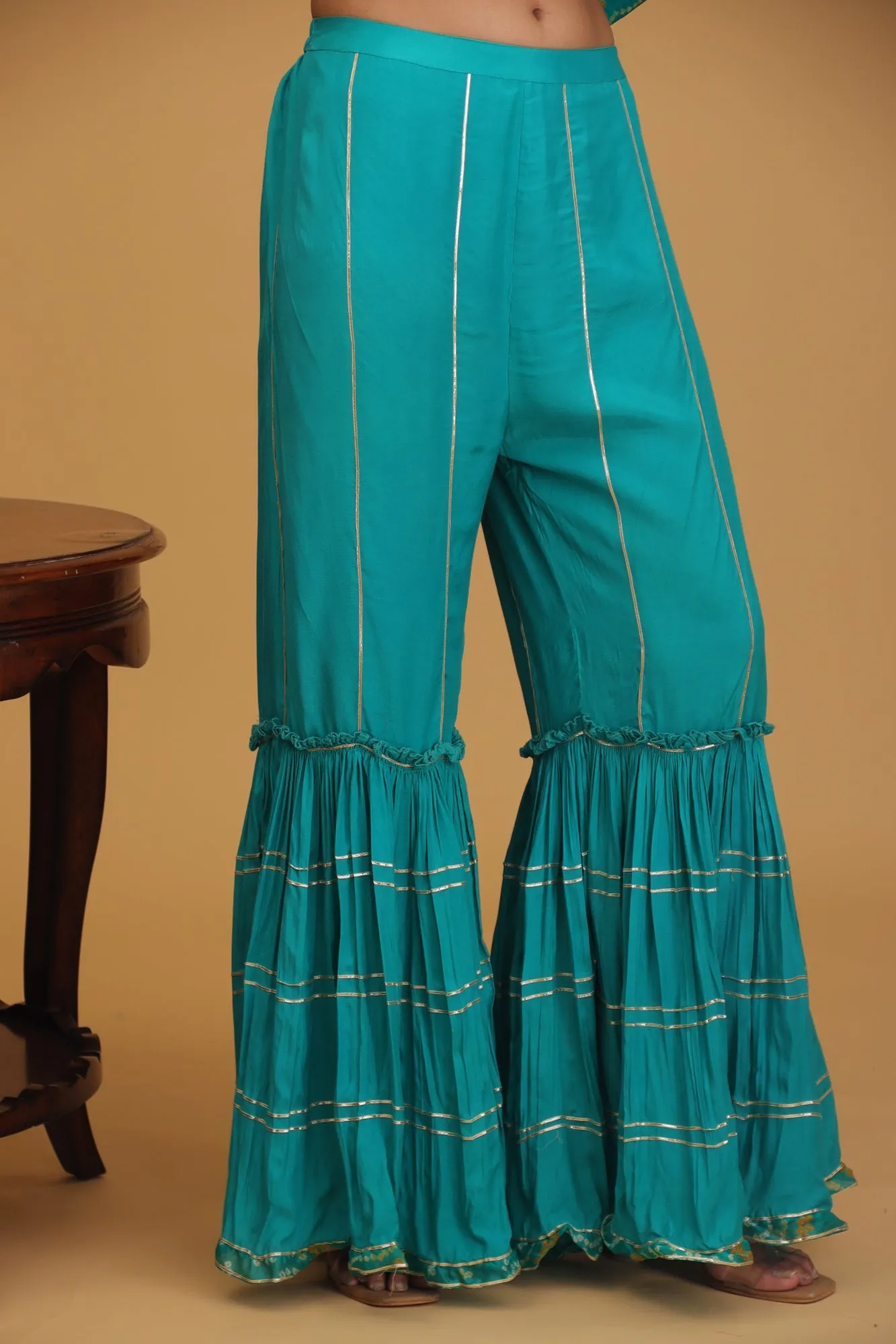 Bandhej Chinon Straight Cut Sharara Suit with Gota Patti work.