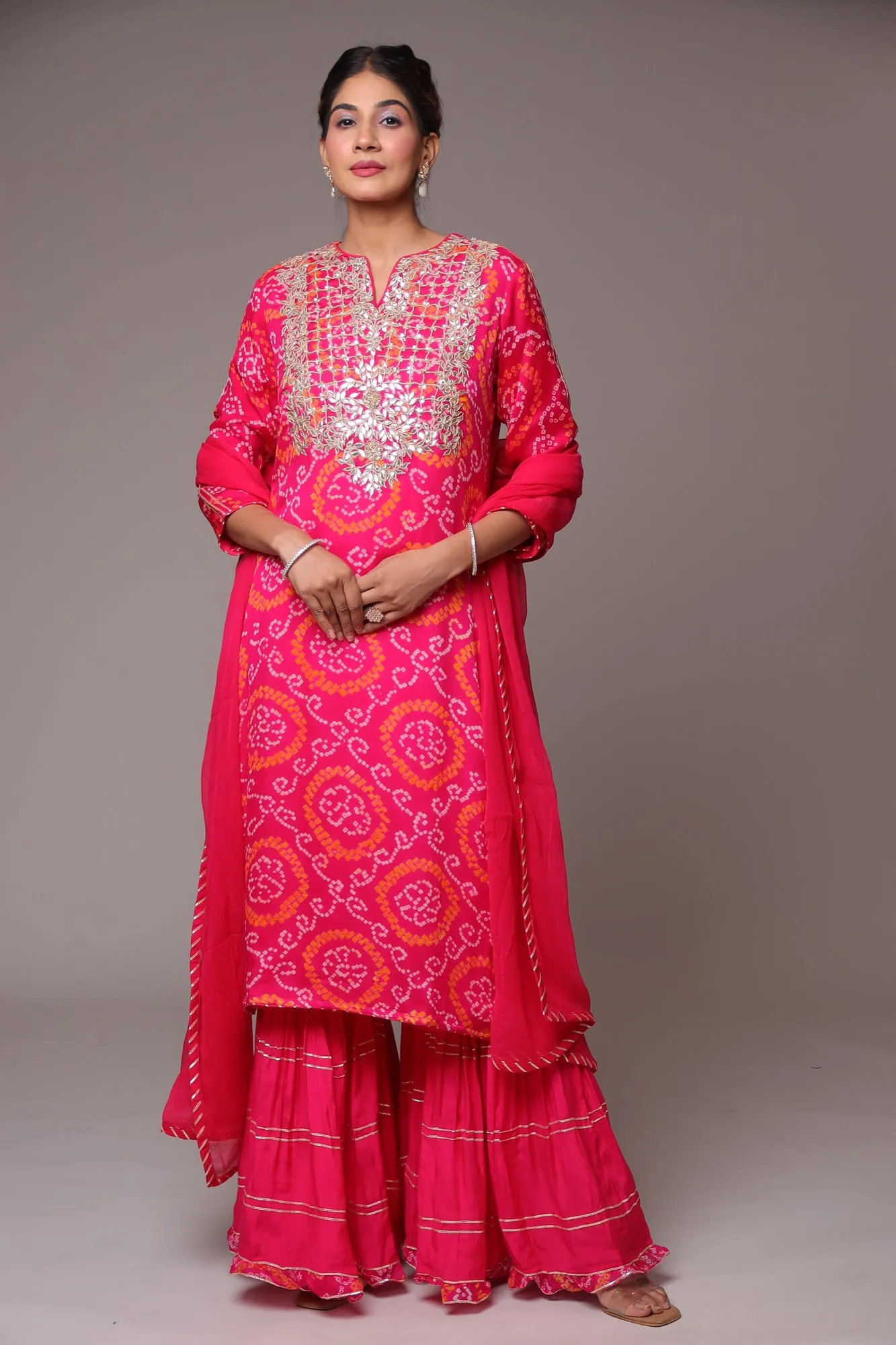 Bandhej Chinon Straight Cut Sharara Suit with Gota Patti work.