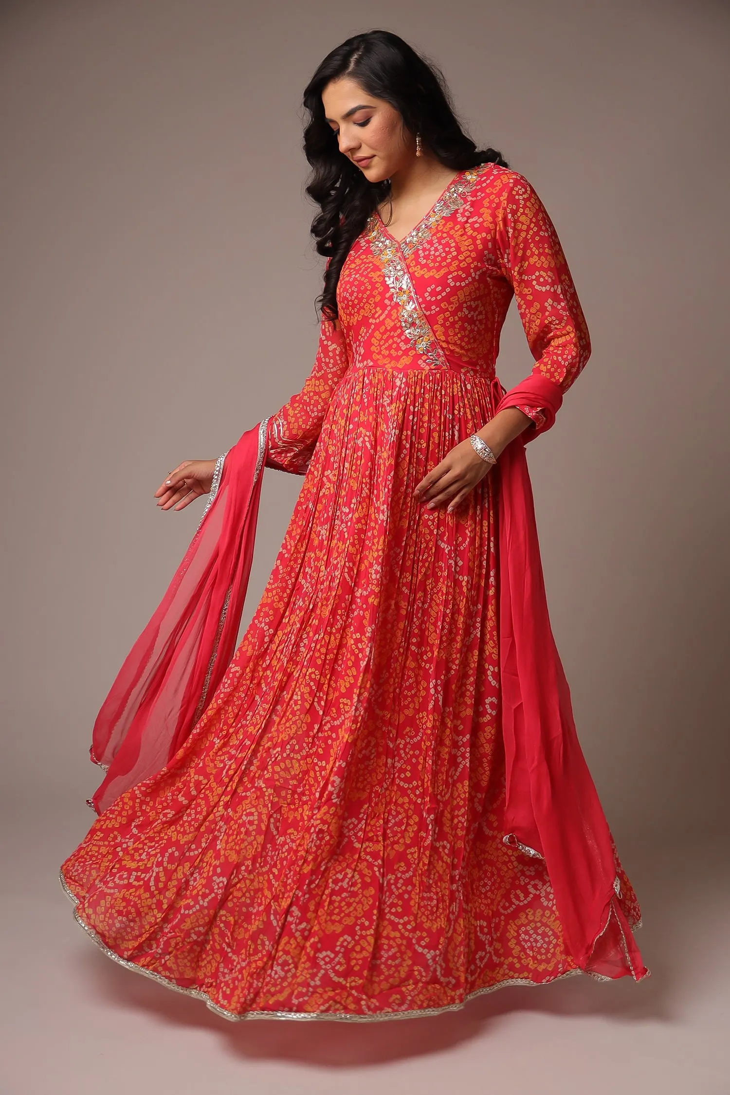 Bandhej Georgette Anarkali Suit With Gota Patti Work