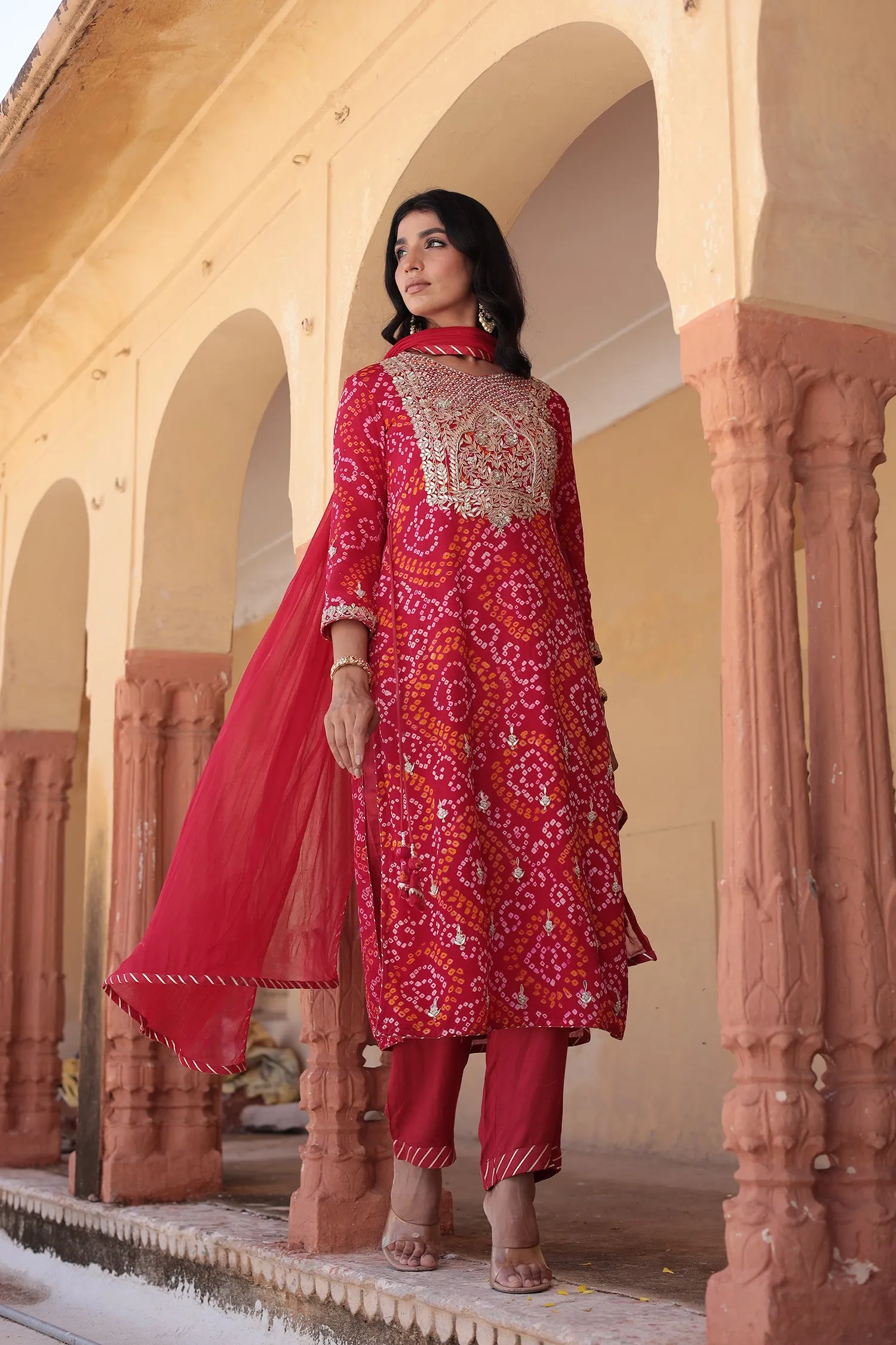 Bandhej Georgette Suit with Gota Patti and Pearl work