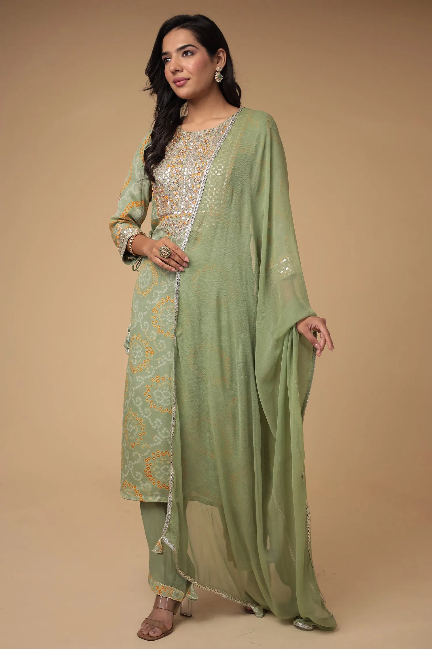 Bandhej Georgette Suit with Gota Patti and Thread work.