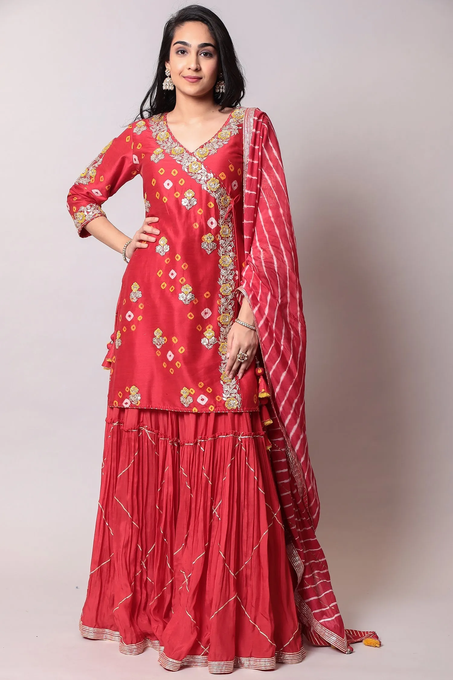 Bandhej Glace cotton Suit with Gota Patti, Thread work.