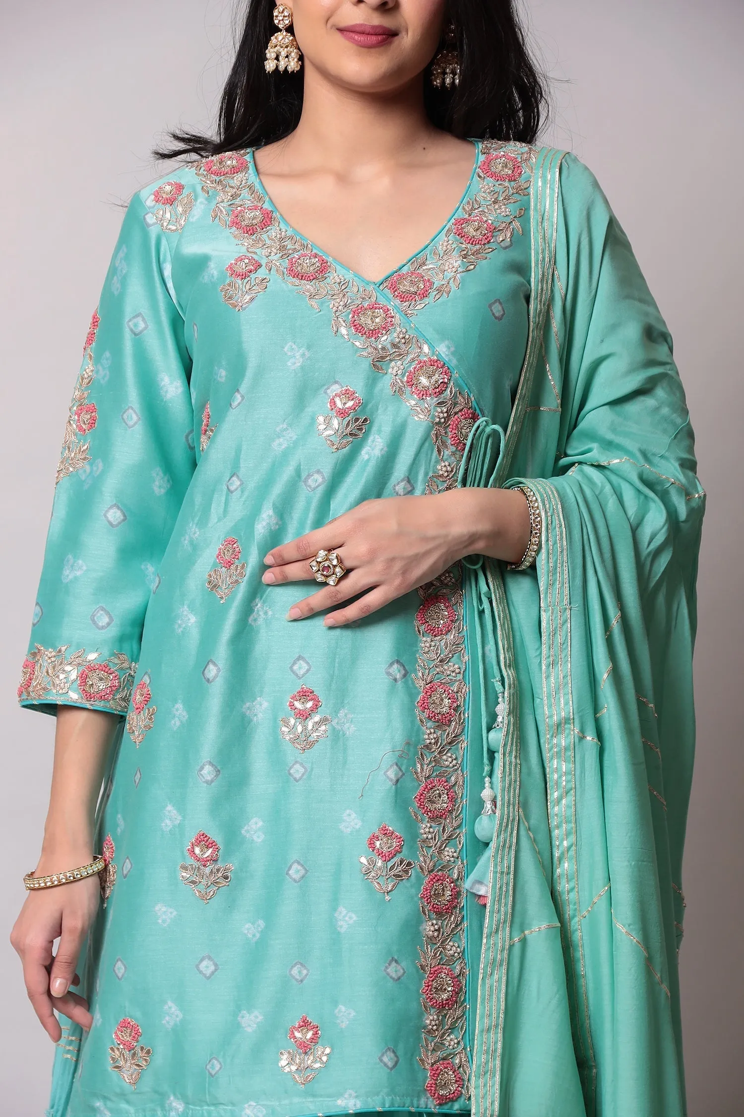 Bandhej Glace cotton Suit with Gota Patti, Thread work.