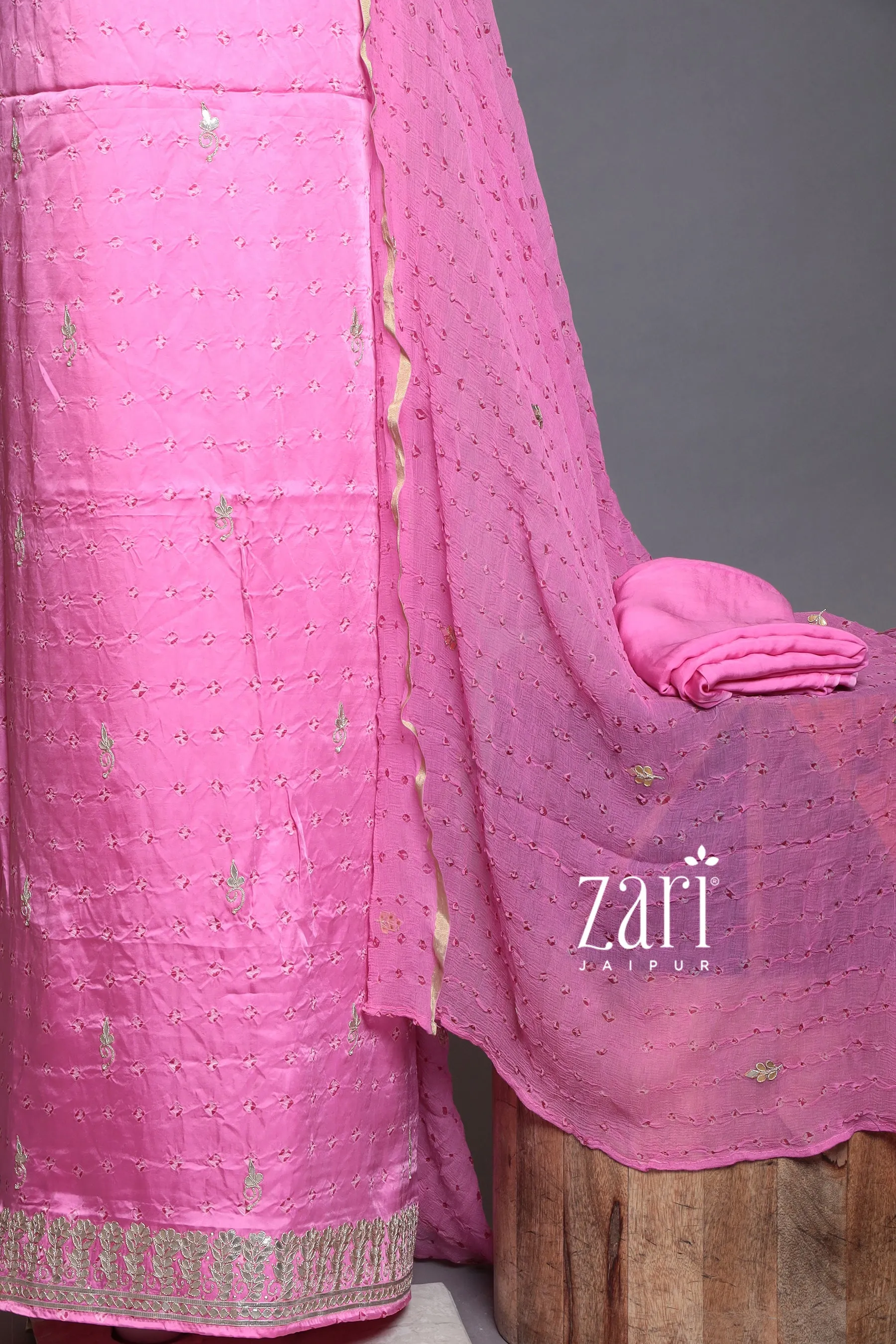 Bandhej Satin silk Unstitched Suit with Dori, Gota, Gota Patti, Sequins work.