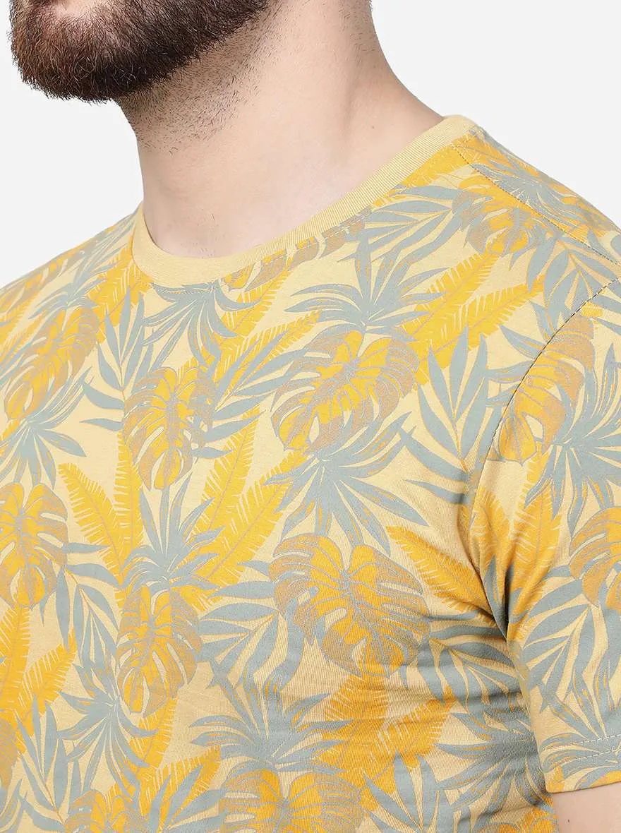 Beige Printed Slim Fit T-Shirt | Greenfibre