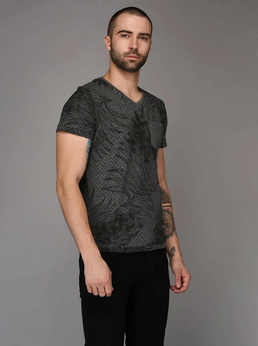 Black & Grey Printed Slim Fit V Neck T-Shirt | JadeBlue