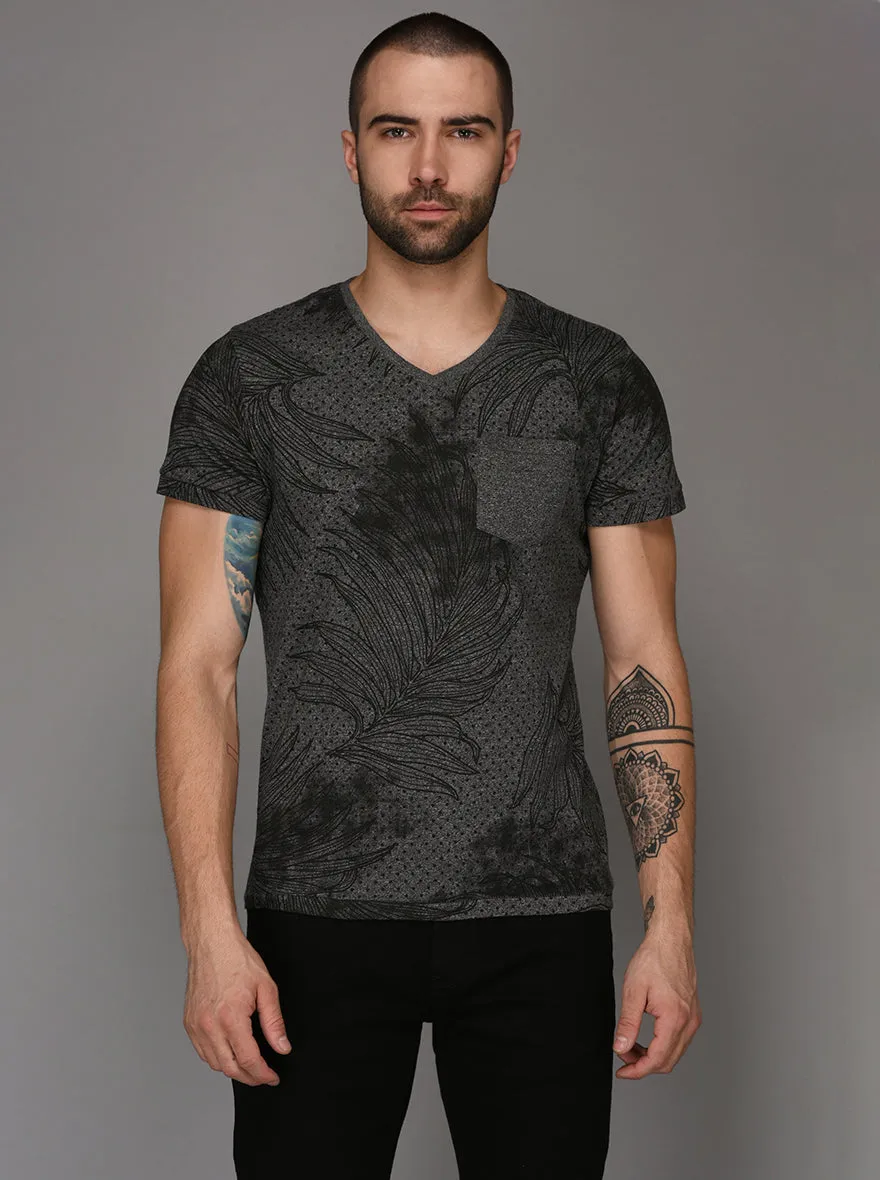 Black & Grey Printed Slim Fit V Neck T-Shirt | JadeBlue