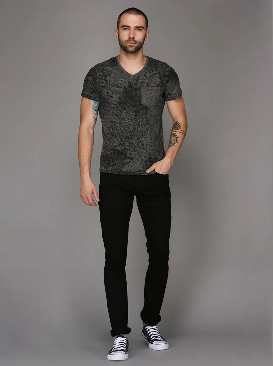 Black & Grey Printed Slim Fit V Neck T-Shirt | JadeBlue