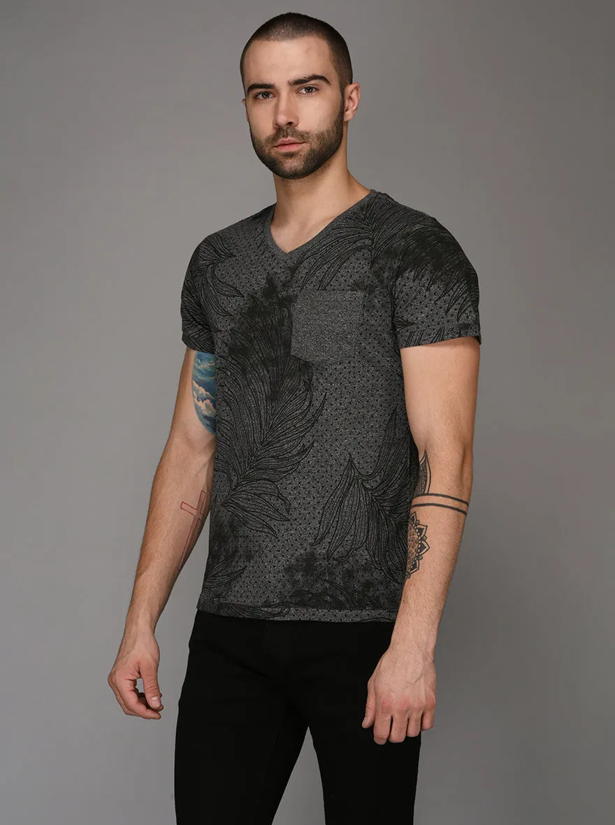 Black & Grey Printed Slim Fit V Neck T-Shirt | JadeBlue