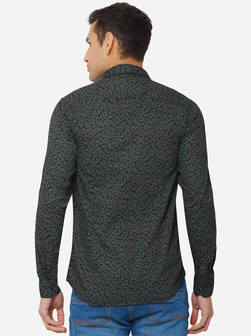 Black & Seagreen Printed Slim Fit Semi Casual Shirt | JadeBlue