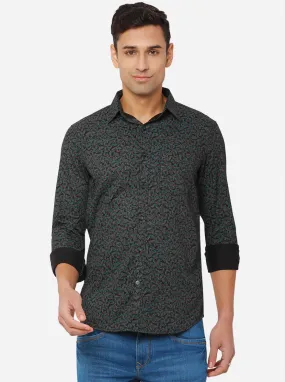 Black & Seagreen Printed Slim Fit Semi Casual Shirt | JadeBlue