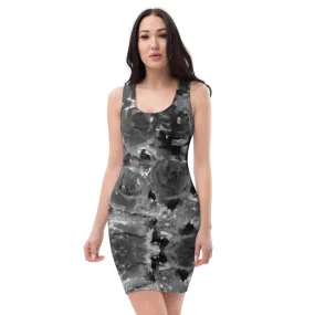 Black Rose Floral Print Dress, Best Women's Designer 1-Piece Sleeveless Dress-Made in USA/EU