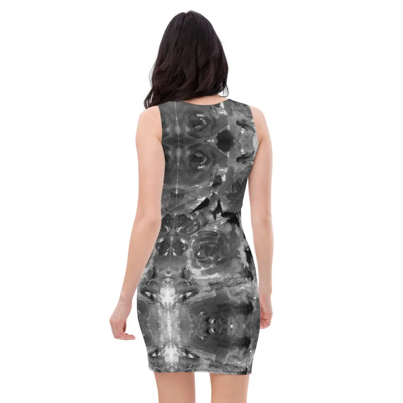 Black Rose Floral Print Dress, Best Women's Designer 1-Piece Sleeveless Dress-Made in USA/EU