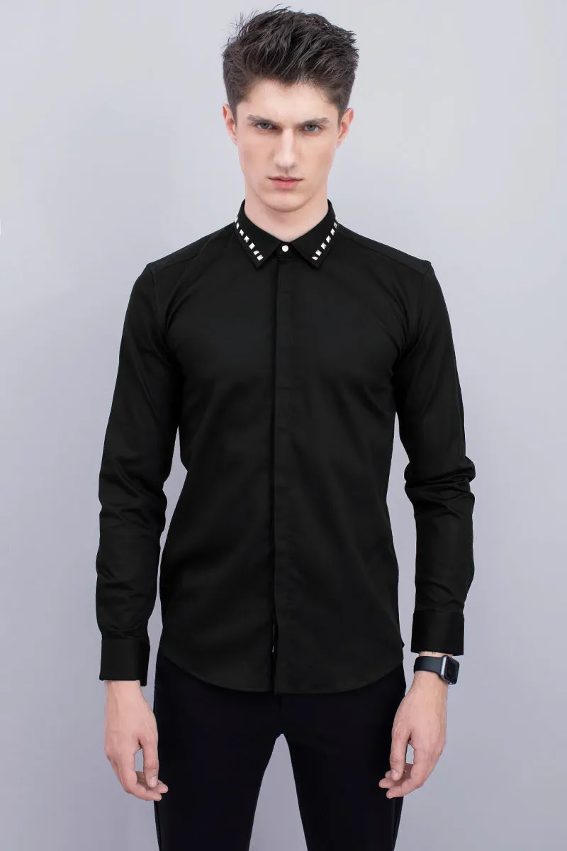 Black Studded Collar Design Shirt