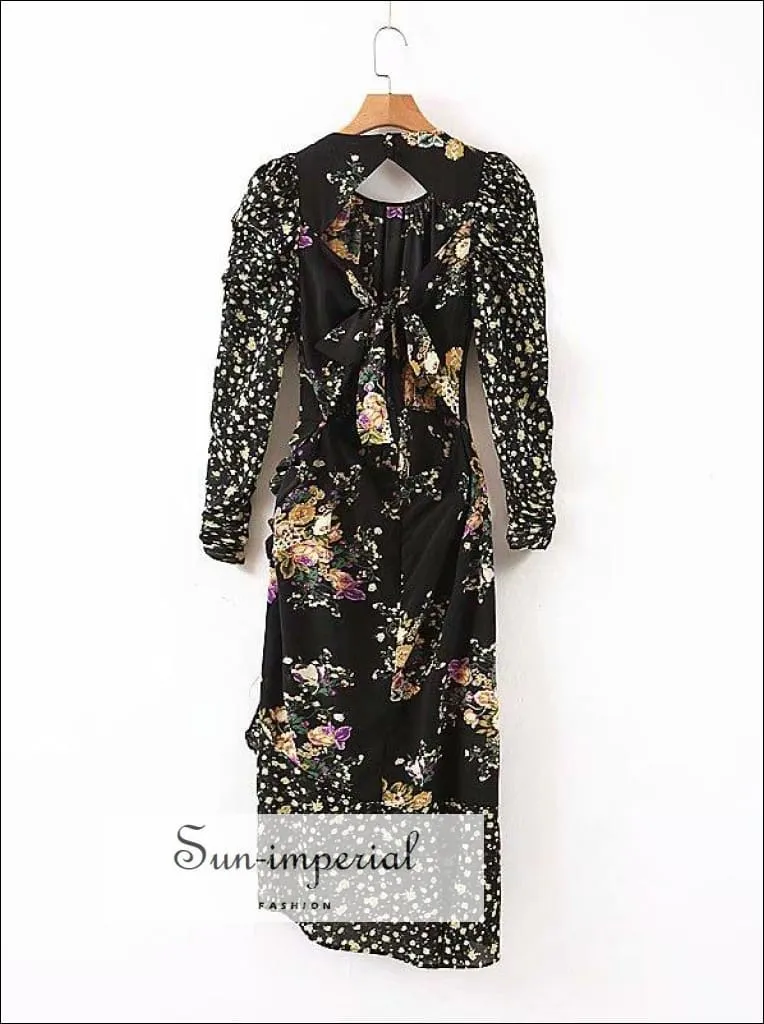 Black Vintage Floral Print Dress O Neck Cut out Chiffon Semi Sheer Sleeve Elegant Party Dress