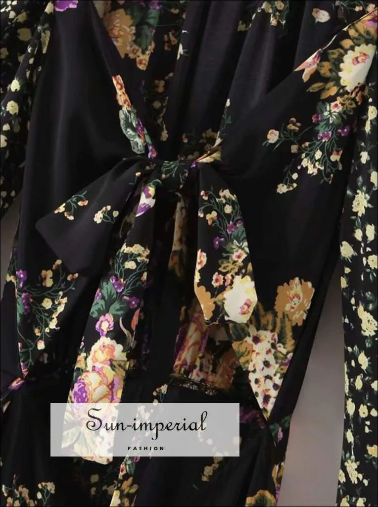 Black Vintage Floral Print Dress O Neck Cut out Chiffon Semi Sheer Sleeve Elegant Party Dress