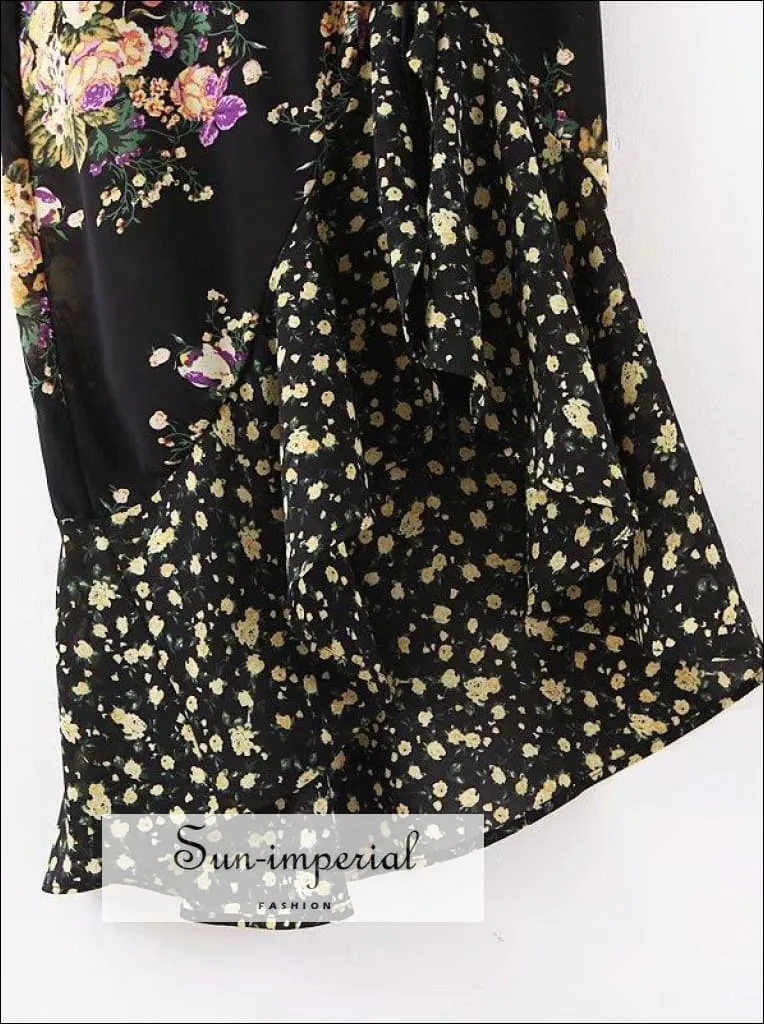 Black Vintage Floral Print Dress O Neck Cut out Chiffon Semi Sheer Sleeve Elegant Party Dress