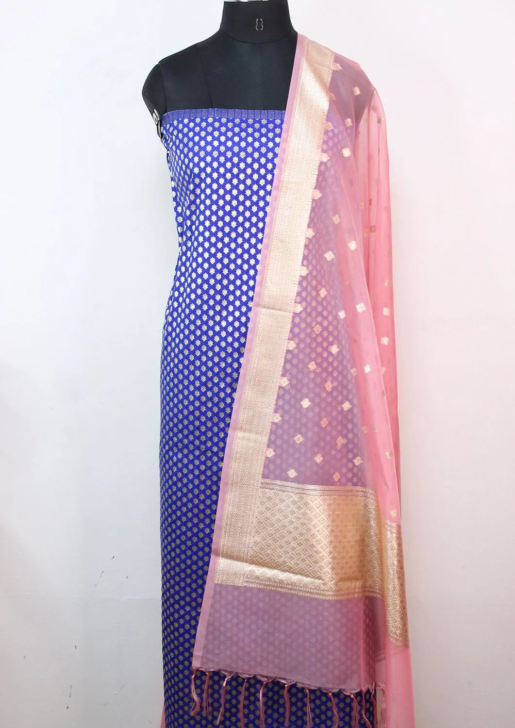 Blue Banarasi Silk Suit With Pink Banarasi Organza Dupatta