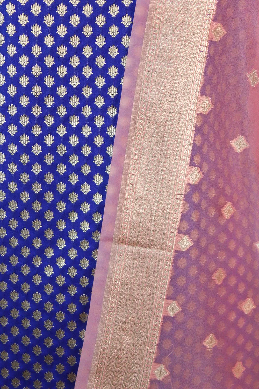 Blue Banarasi Silk Suit With Pink Banarasi Organza Dupatta