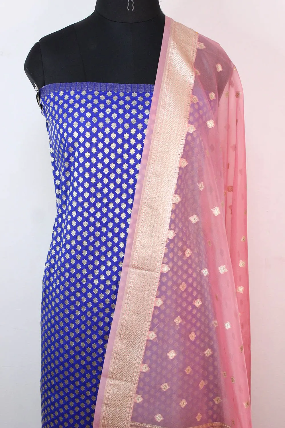 Blue Banarasi Silk Suit With Pink Banarasi Organza Dupatta