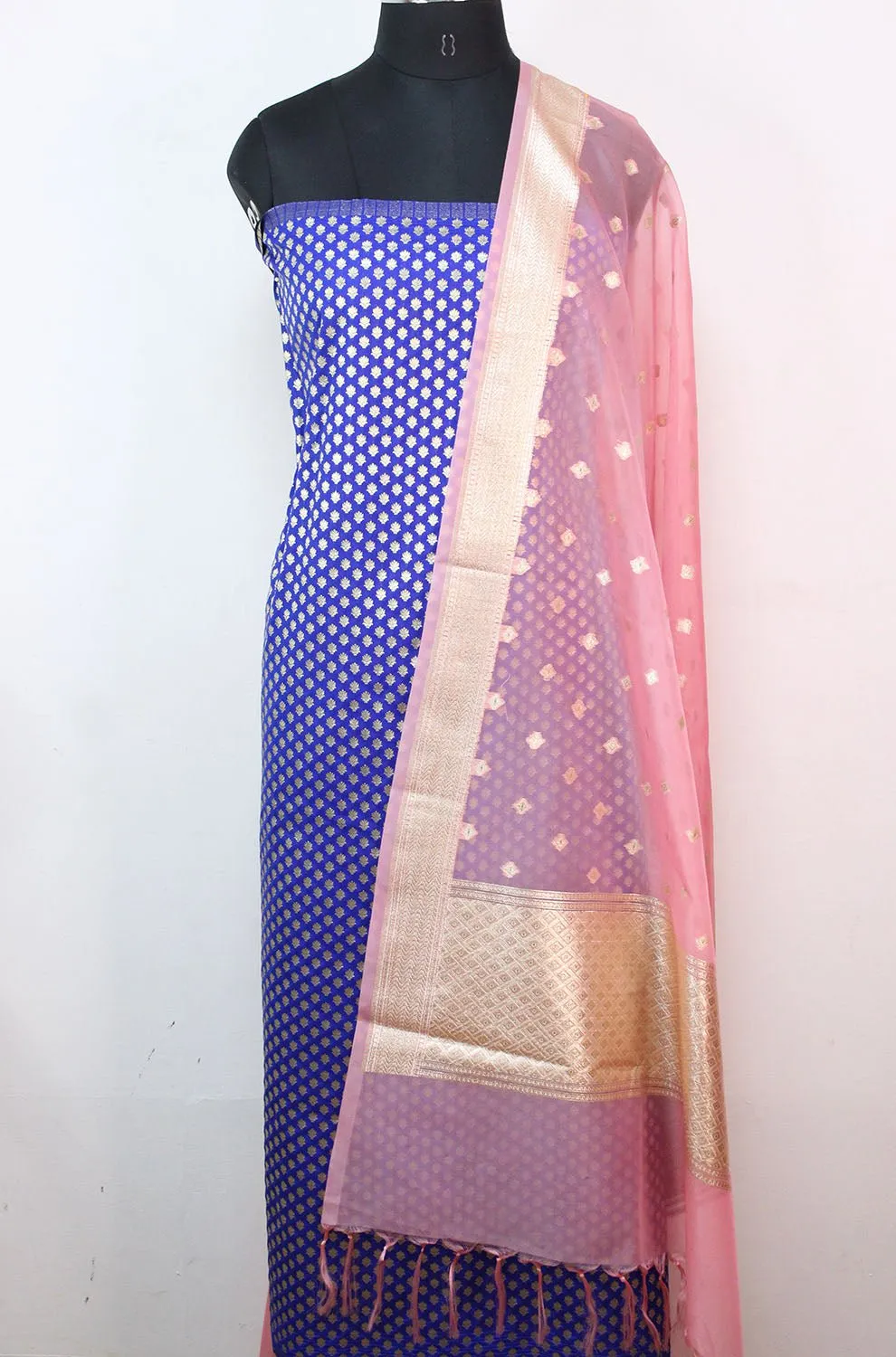 Blue Banarasi Silk Suit With Pink Banarasi Organza Dupatta