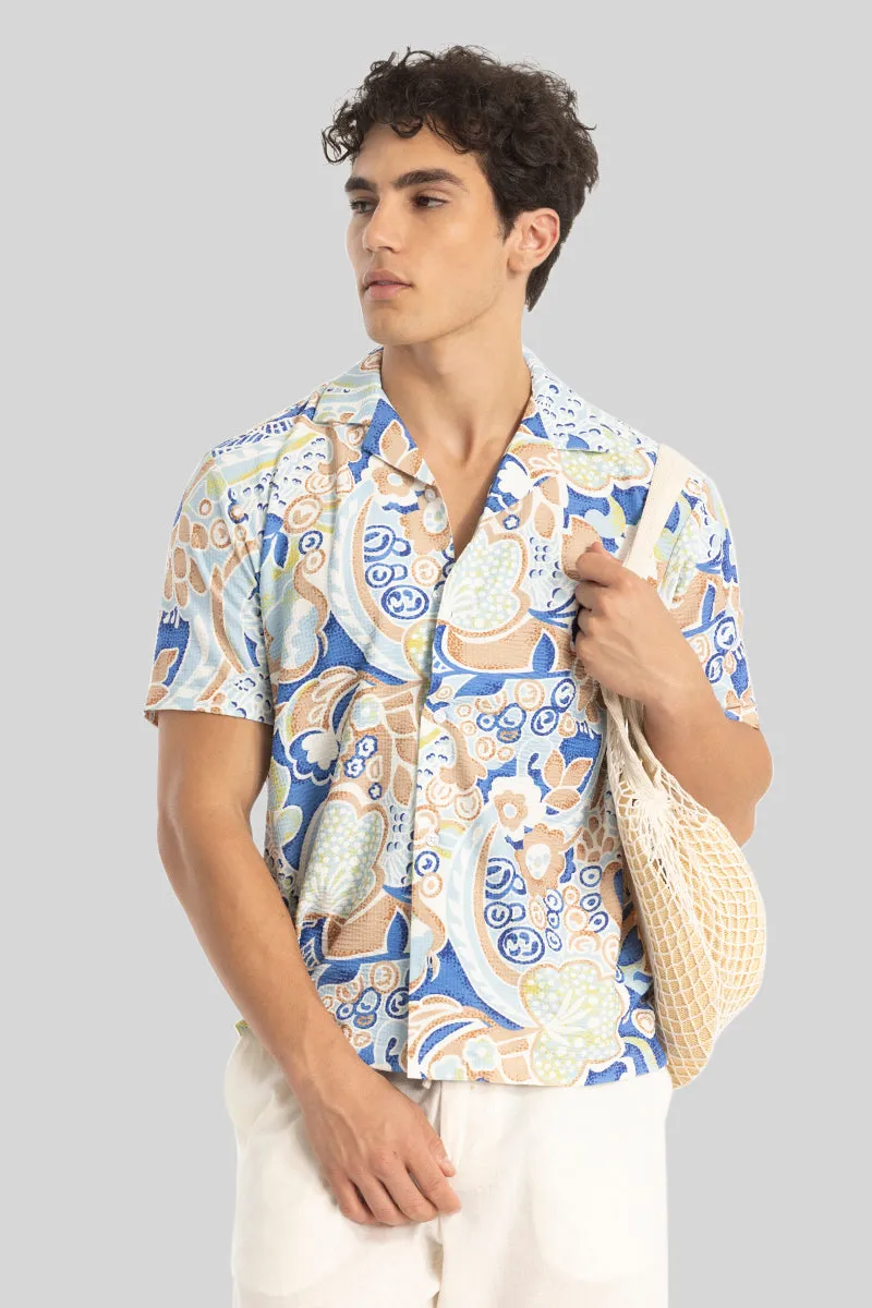 Blue Cuban Collar Printed Shirt