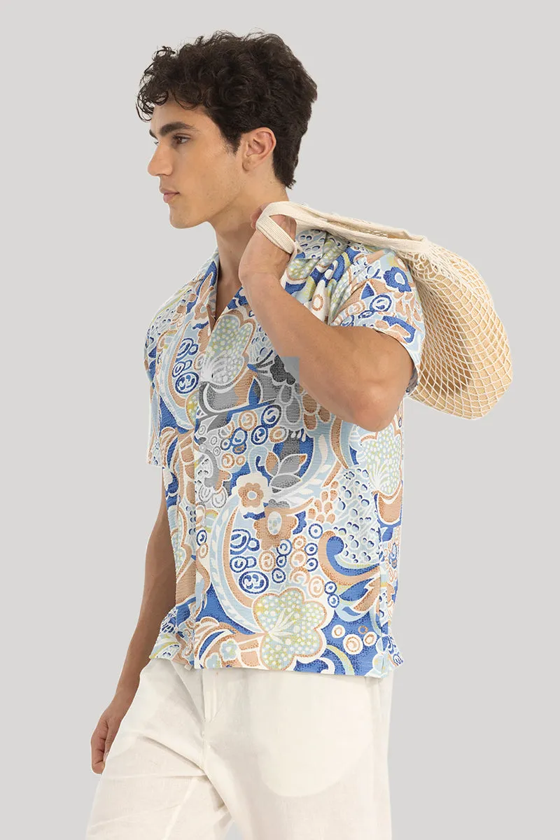 Blue Cuban Collar Printed Shirt