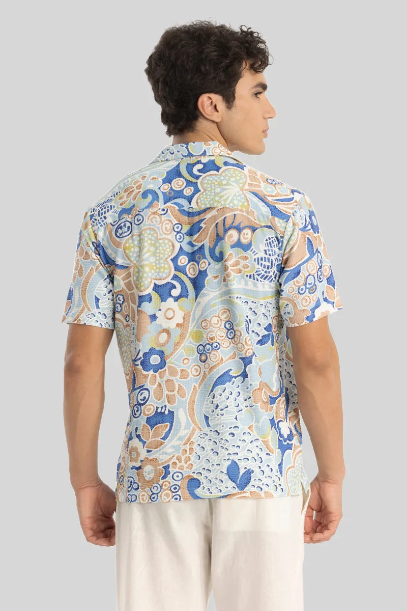 Blue Cuban Collar Printed Shirt