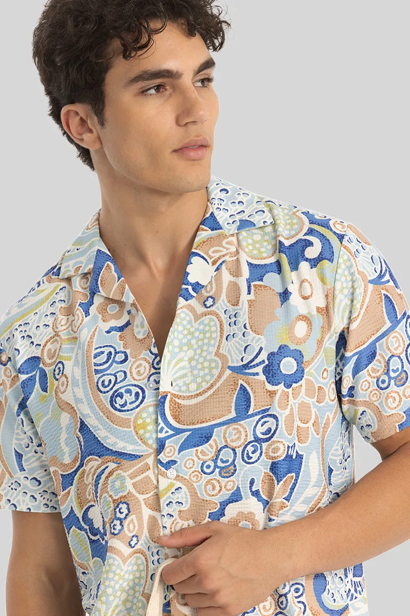 Blue Cuban Collar Printed Shirt