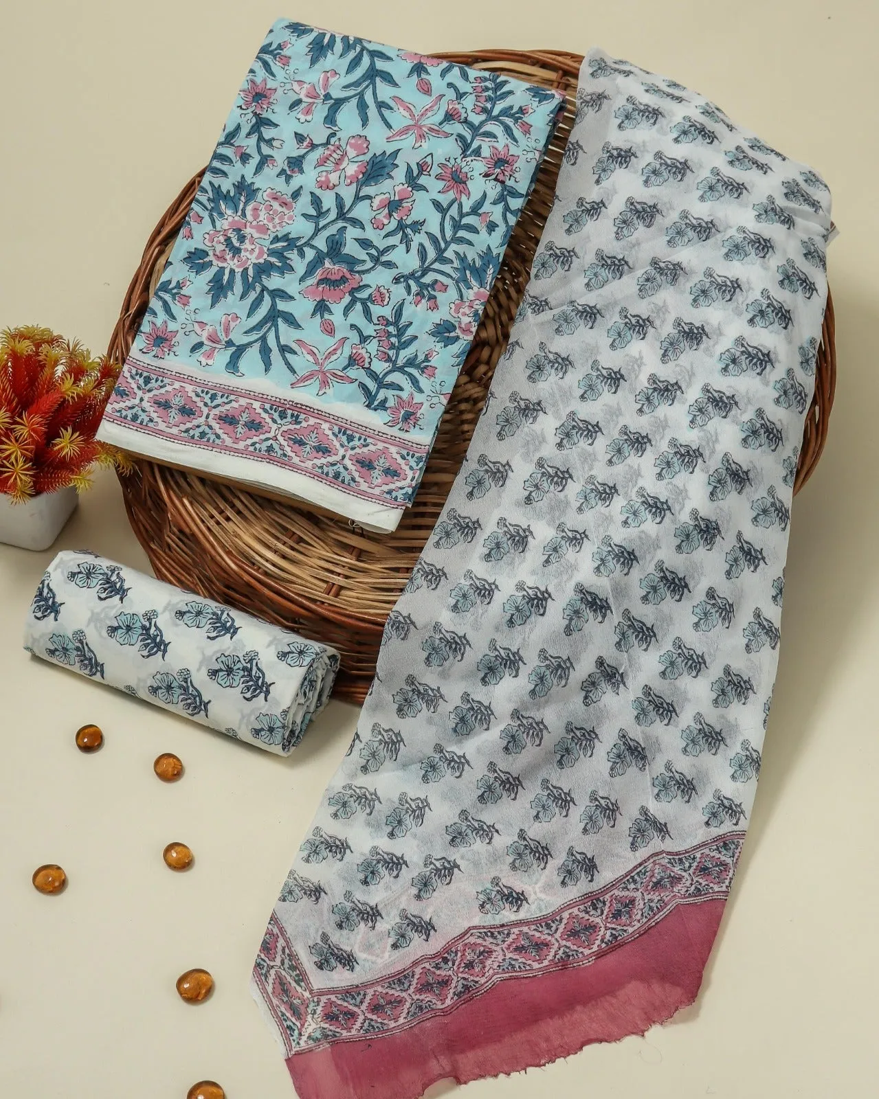 Blue Floral Jaal Print Cotton Suit Set with Chiffon Dupatta (PCHF161)