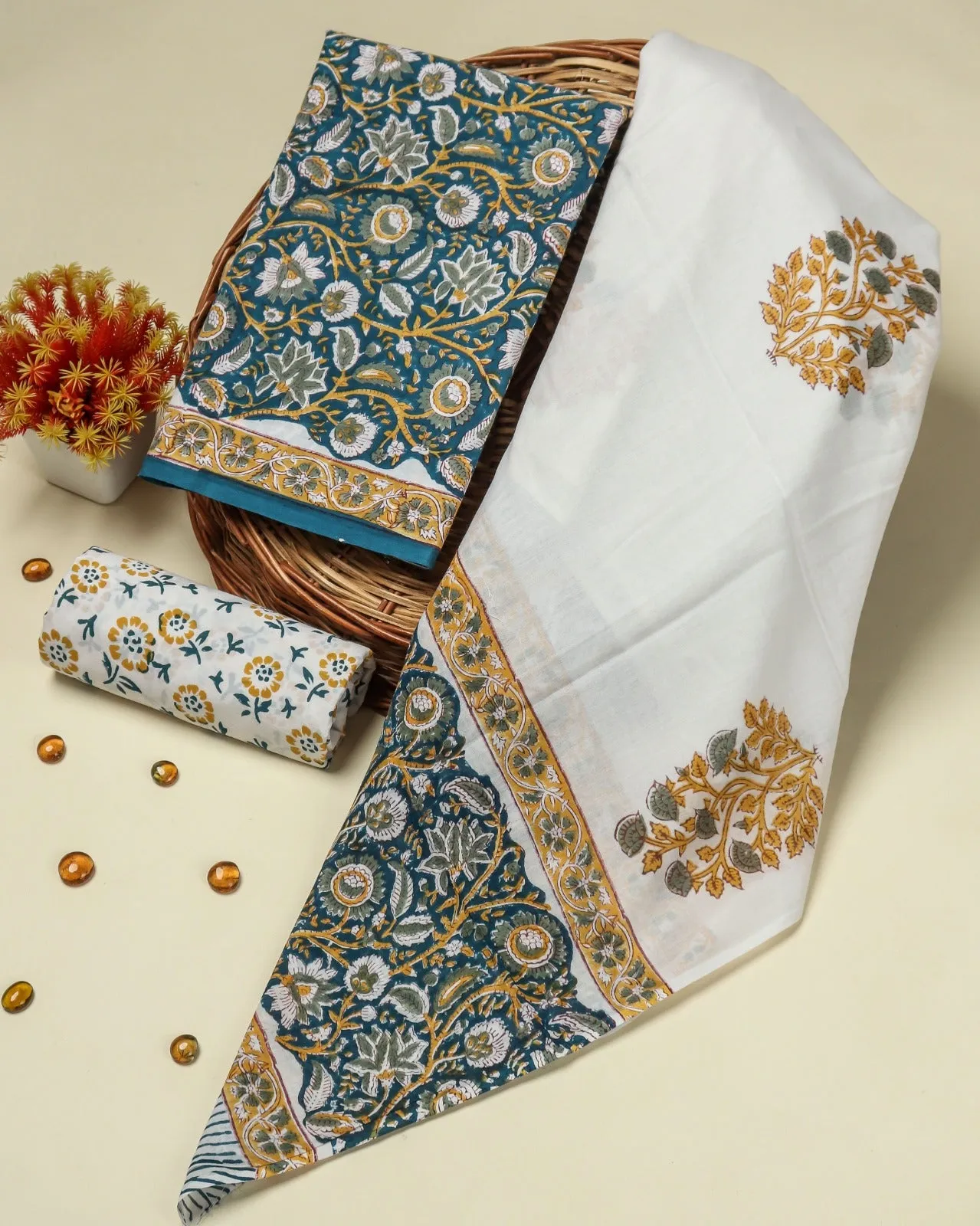 Blue Floral Jaal Print Cotton Suit Set with Mulmul Dupatta (PRMUL158)