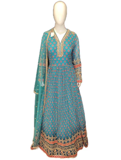 Blue Georgette Printed Anarkali with Dupatta