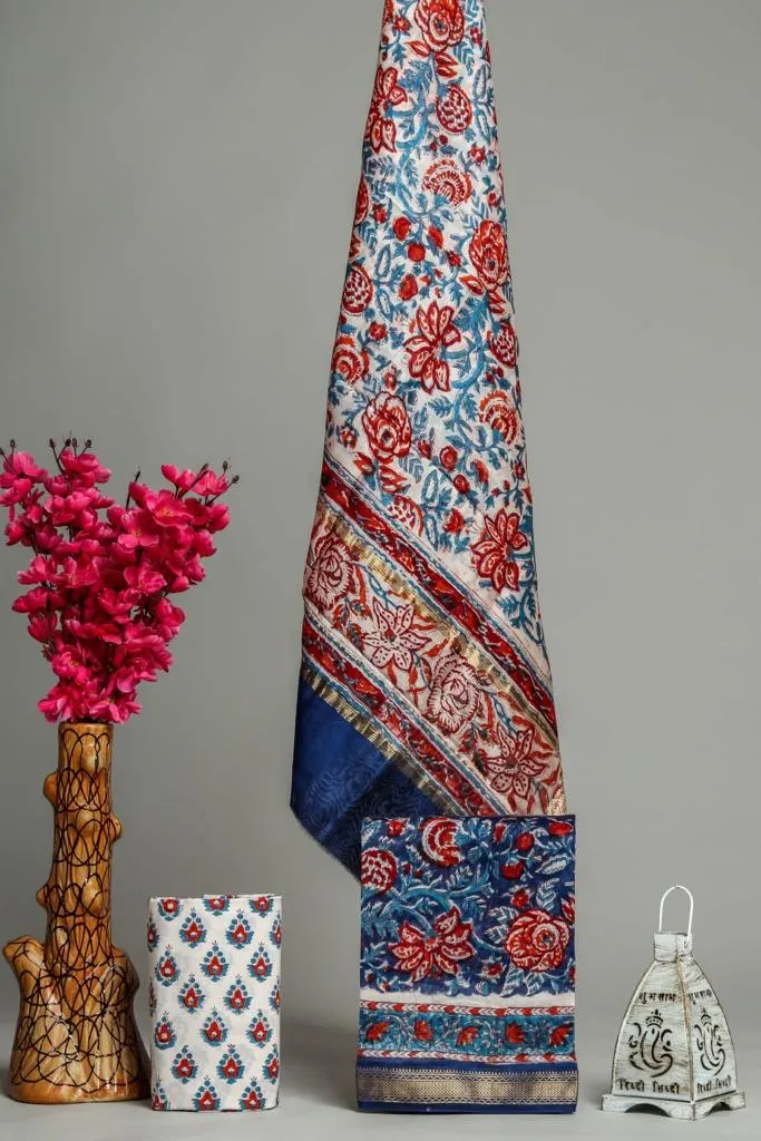 Blue Hand Block Print Maheshwari Silk Suit Set (MSL148)